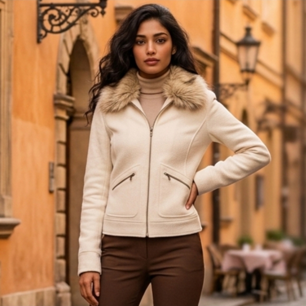 NWT Lauren Ralph Lauren Cream Wool Jacket Removable Faux Fur Collar Small Zip